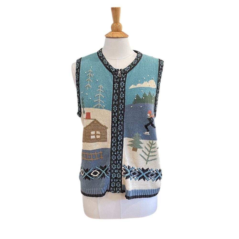 Croft & Barrow Hand Embroidered Sweater Vest, Winter Scene, Holiday, Size M
